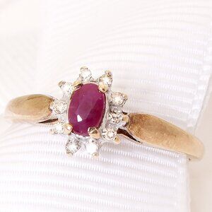 10K Gold Natural Red Ruby and Diamond Halo Ring - Elegant Vintage Jewelry, Sz 7